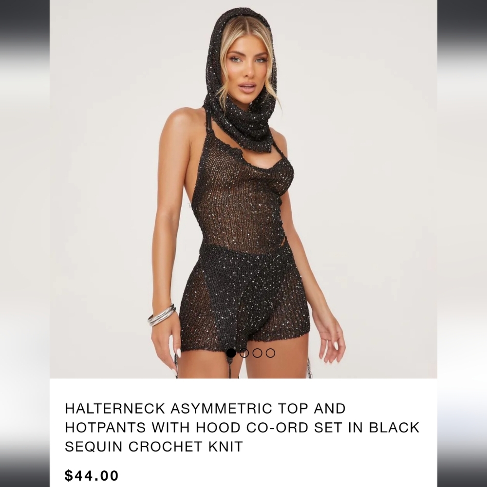 Ego Halterneck Asymmetric Top And Hotpants With Hood Co-Ord Set In Black Sequin